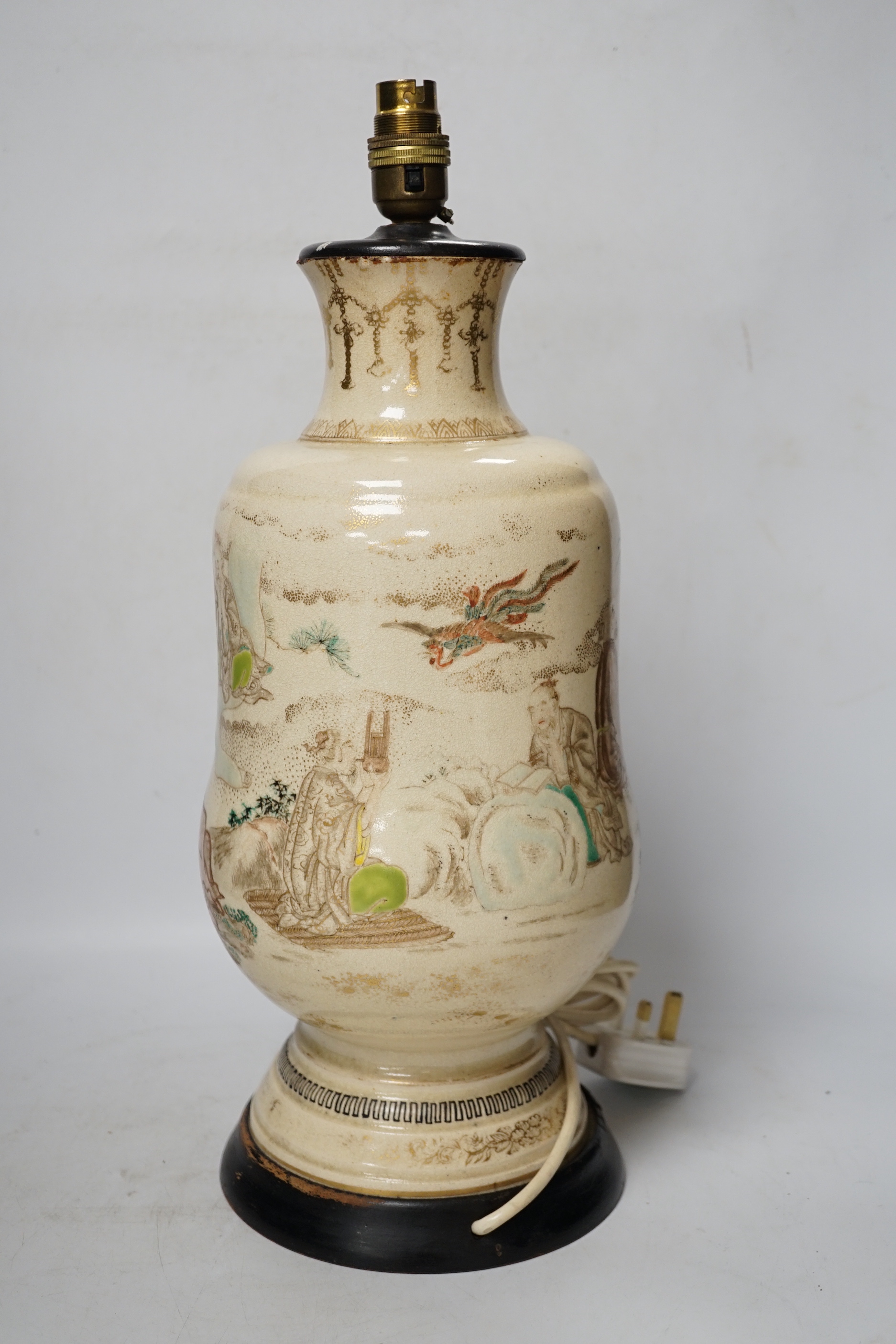Two Japanese Satsuma pieces comprising lamp base and pot and cover, possibly Meiji period, largest 46cm high